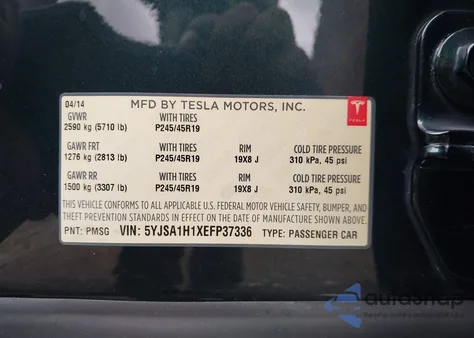 2014 Tesla Model S P85 z USA, uszkodzony, nr VIN 5YJSA1H1XEFP37336